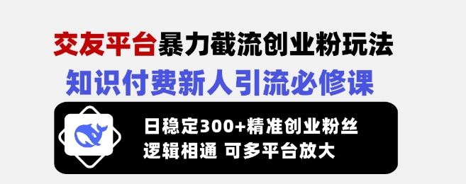 交友平台暴力截流创业粉玩法，知识付费新人引流必修课，日稳定300+精准创业粉丝，逻辑相通可多平台放大-创学资源站
