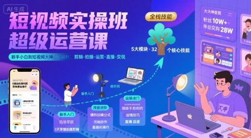 短视频实操班超级运营课，新手小白到短视频大神必修课程，剪辑-拍摄-运营-直播-变现-创学资源站