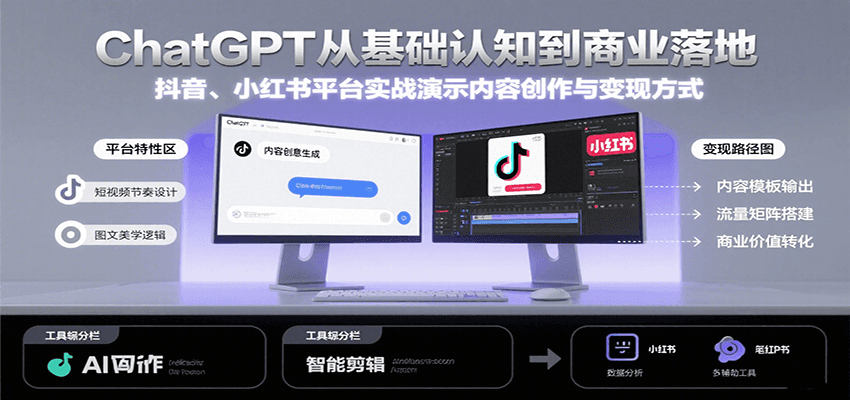 ChatGPT从基础认知到商业落地，实战演示抖音、小红书等平台的内容创作与变现-创学资源站