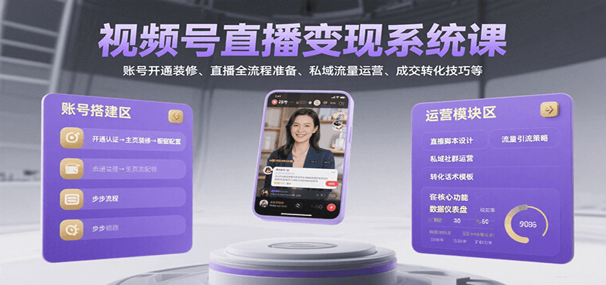视频号直播变现系统课，账号开通装修、直播全流程准备、私域流量运营、成交转化技巧等-创学资源站