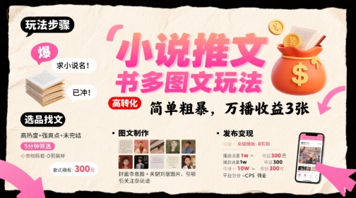 小说推文小红书多图文玩法，简单粗暴，万播收益3张-创学资源站