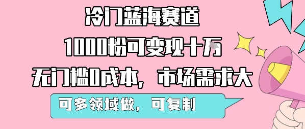 冷门蓝海赛道，1000粉可变现十W，无门槛0成本，市场需求大，可多领域做，可复制性强-创学资源站