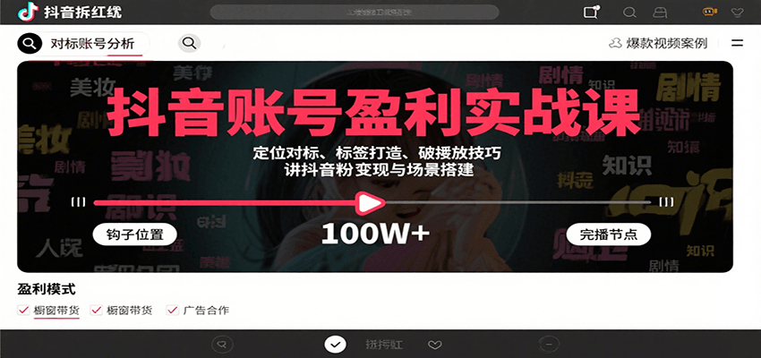 抖音账号盈利实战课，定位对标、标签打造、破播放技巧，讲涨粉变现与场景搭建-创学资源站