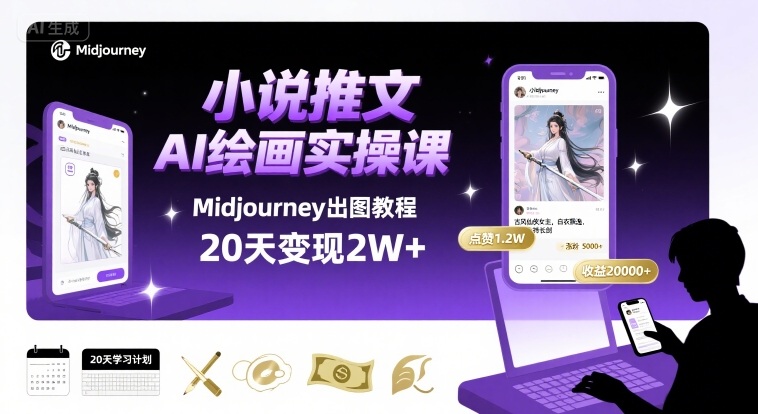 小说推文干货分享之AI绘画MJ出图实操课，用Midjourney做小说推文，20天挣2w-创学资源站