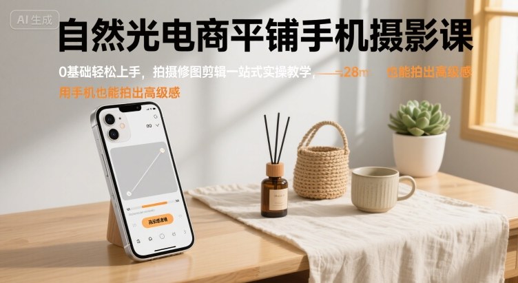 自然光电商平铺手机摄影课，0基础轻松上手，拍摄修图剪辑一站式实操教学，用手机也能拍出高级感-创学资源站