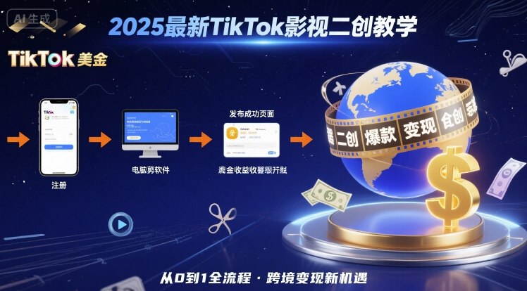 2025年最新TikTok影视二创教学，从注册到发布撸美金全流程，跨境变现新机遇-创学资源站