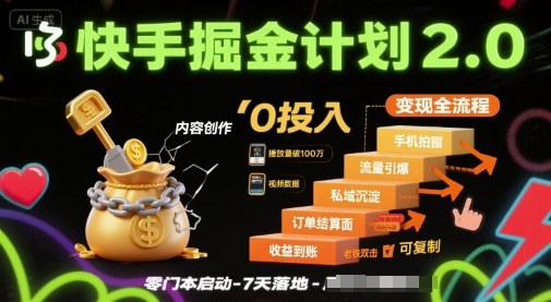 快手掘金计划2.0，快手电商变现全流程，简单可复制，0投入-创学资源站