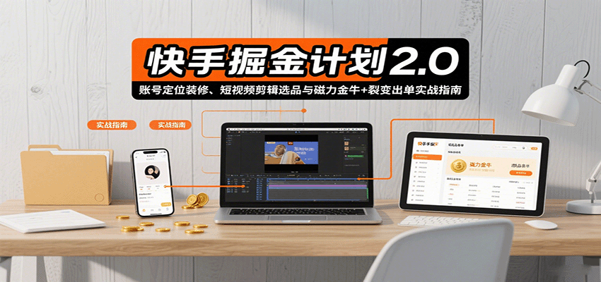 快手掘金计划2.0，账号定位装修、短视频剪辑选品与磁力金牛+裂变出单实战指南-创学资源站