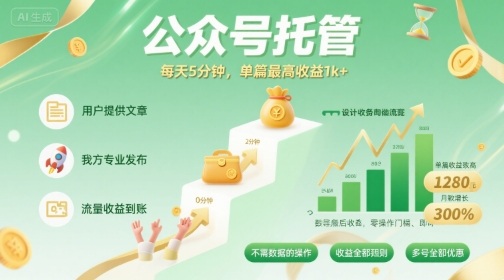 【公众号托管 】我提供文章，你发布，每天5分钟，单篇最高收益1k+【揭秘】-创学资源站