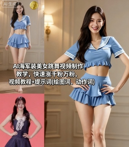 AI海军装美女跳舞视频制作教学，快速涨千粉万粉，视频教程+提示词(绘图词、动作词)-创学资源站