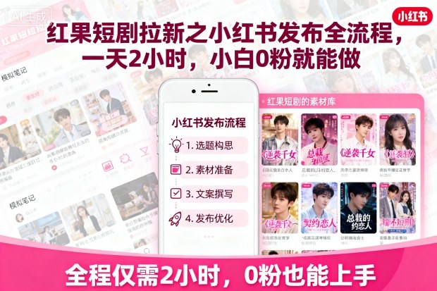 红果短剧拉新之小红书发布全流程，一天2小时，小白0粉就能做-创学资源站