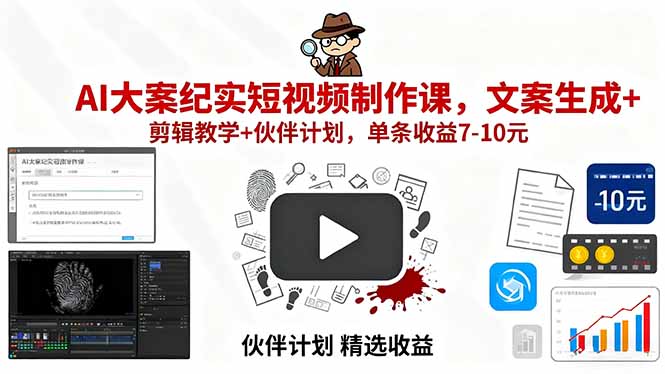 AI大案纪实短视频制作课，文案生成+剪辑教学+伙伴计划，单条收益7-10元-创学资源站