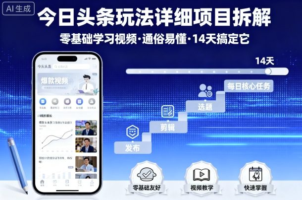 今日头条玩法详细项目拆解，零基础学习视频 通俗易懂 14天搞定它-创学资源站