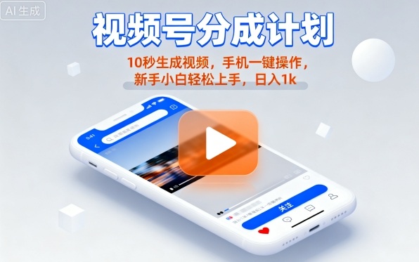 视频号分成计划懒人玩法，10秒生成视频，手机一键操作，新手小白轻松上手，日入1K【揭秘】-创学资源站