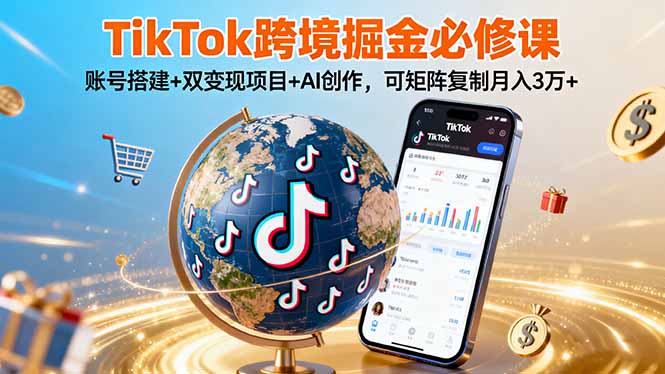 TikTo跨境掘金必修课，账号搭建+双变现项目+AI创作，可矩阵复制月入3万+-创学资源站