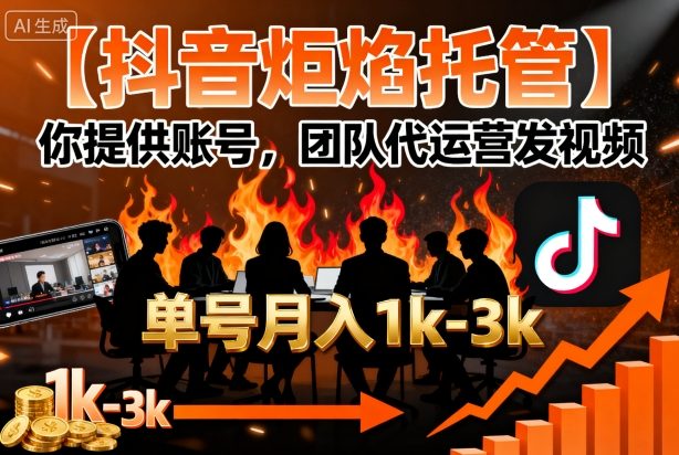 【抖音炬焰托管】你提供账号，团队代运营发视频，单号月入1k+【揭秘】-创学资源站