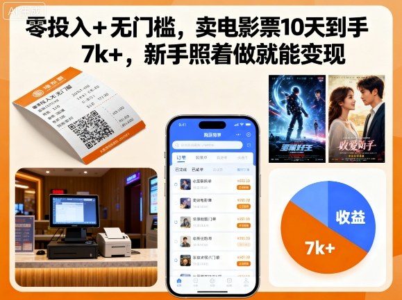 零投入+无门槛，卖电影票10天到手7k+，新手照着做就能变现【揭秘】-创学资源站