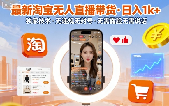 最新淘宝无人直播带货，日入1k+，独家技术，无违规无封号，无需露脸无需说话【揭秘】-创学资源站
