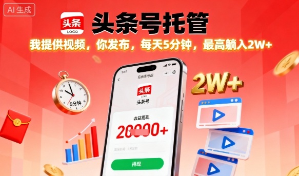 【头条号托管】我提供视频，你发布，每天5分钟，最高躺入2W+【揭秘】-创学资源站