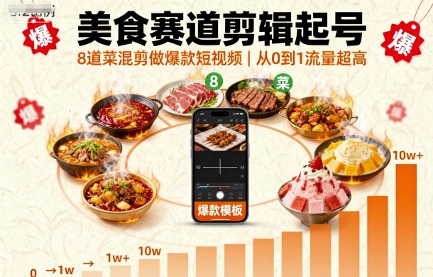 美食赛道剪辑起号，8道菜混剪做爆款短视频，从0到1，流量超高-创学资源站