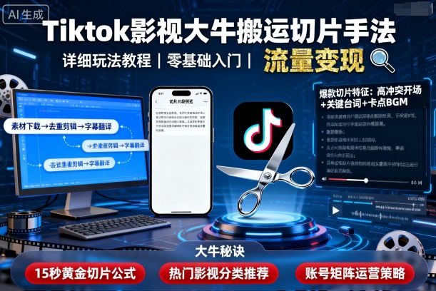 Tiktok影视大牛搬运切片手法，详细玩法教程-创学资源站