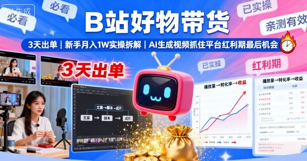 B站好物带货，3天出单，新手月入1W实操拆解，AI生成视频，抓住平台红利期最后机会-创学资源站