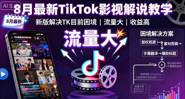 8月最新TikTok影视解说教学，新版解决TK目前困境，流量大，收益高-创学资源站