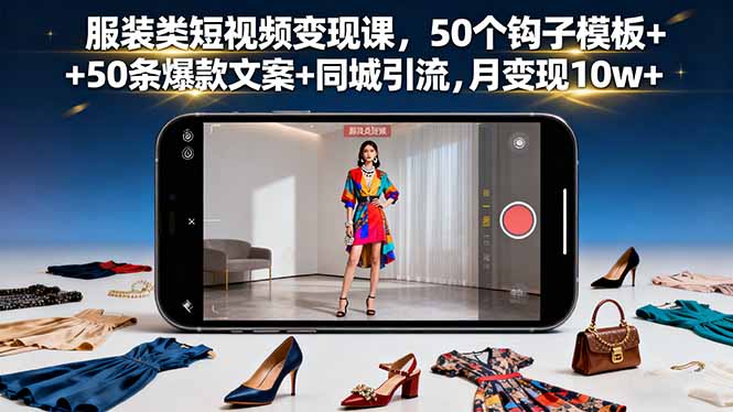 服装类短视频变现课，50个钩子模板+50条爆款文案+同城引流，月变现10w+-创学资源站