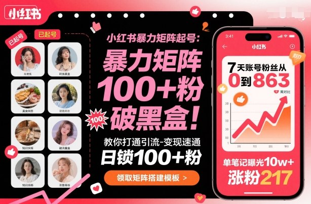 小红书暴力矩阵起号，教你打通引流-变现速通，日锁100+粉，破流量黑盒-创学资源站