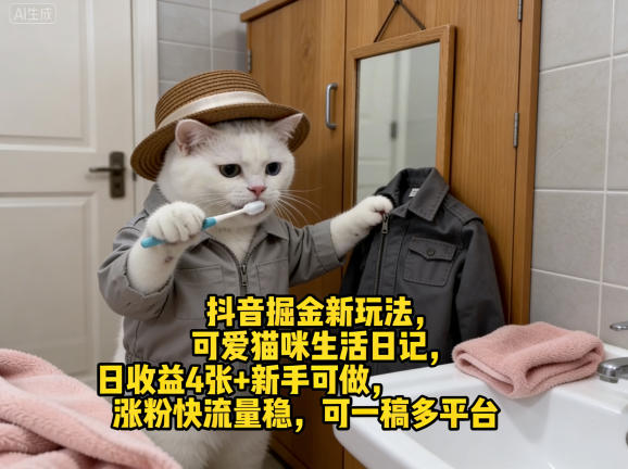 抖音掘金新玩法，可爱猫咪生活日记，日收益4张+新手可做，涨粉快流量稳，可一稿多平台-创学资源站