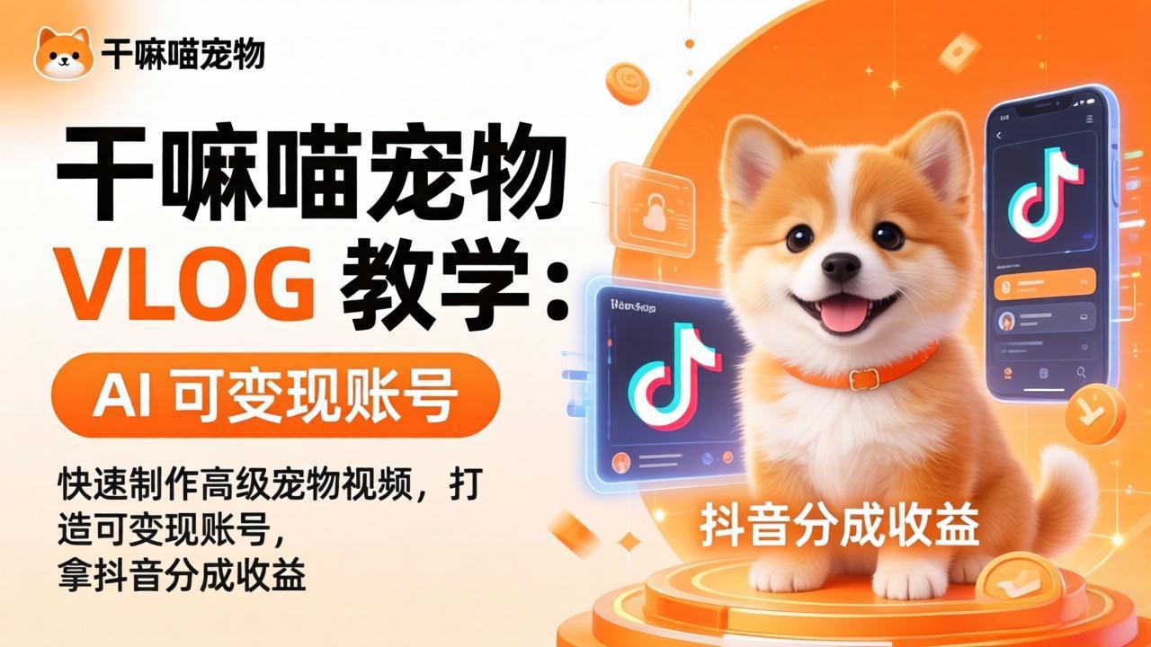 干嘛喵宠物 VLOG 教学：AI 快速制作高级宠物视频，打造可变现账号，拿抖音分成收益-创学资源站