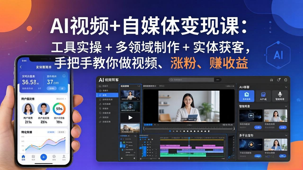 AI视频+自媒体变现课:工具实操 + 多领域制作 + 实体获客,手把手教你做视频、涨粉、赚收益-创学资源站