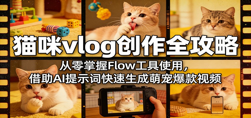 猫咪vlog创作全攻略：从零掌握Flow工具使用，借助AI提示词快速生成萌宠爆款视频-创学资源站