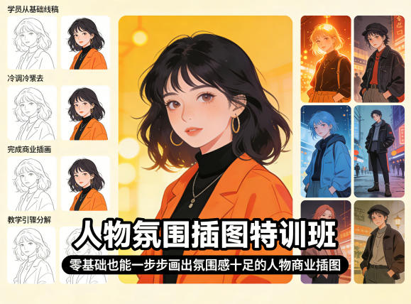 人物氛围插图特训班，零基础也能一步步画出氛围感十足的人物商业插图-创学资源站