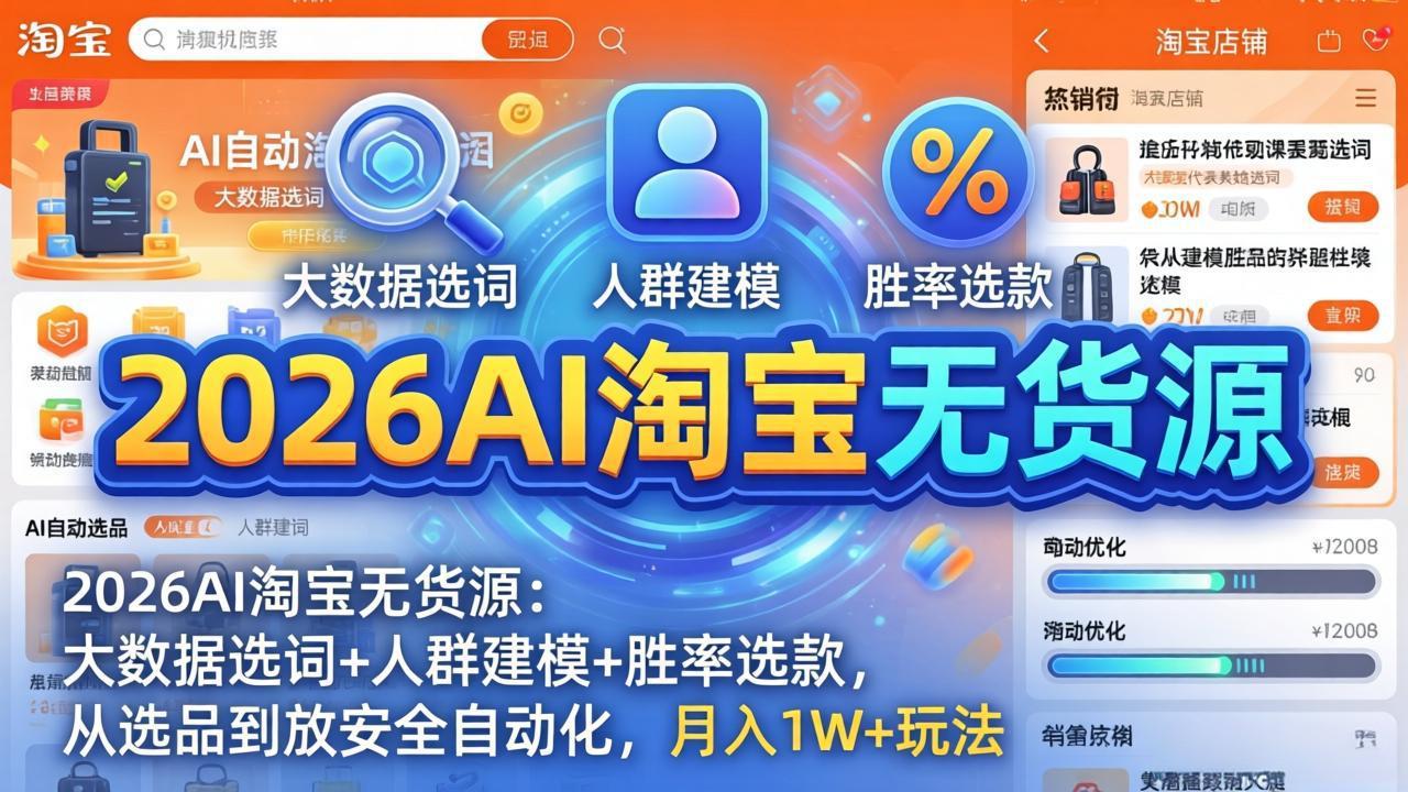 2026AI淘宝无货源-4月更新:大数据选词+人群建模+胜率选款,从选品到放大全自动化,月入1W+玩法-创学资源站