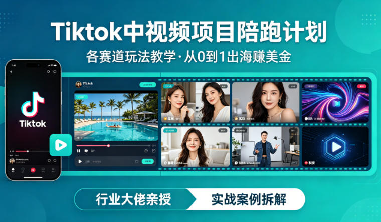 某大佬的Tiktok中视频项目陪跑，涵盖TK各个赛道玩法教学，从0到1出海賺美金-创学资源站