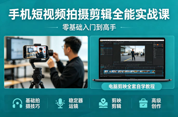 手机短视频拍摄剪辑全能实战课:零基础入门到高手,稳定器运镜+电脑剪映全套自学教程-创学资源站