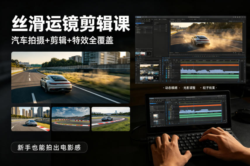 大叔丝滑运镜剪辑课,汽车拍摄+剪辑+特效全覆盖,新手也能拍出电影感-创学资源站