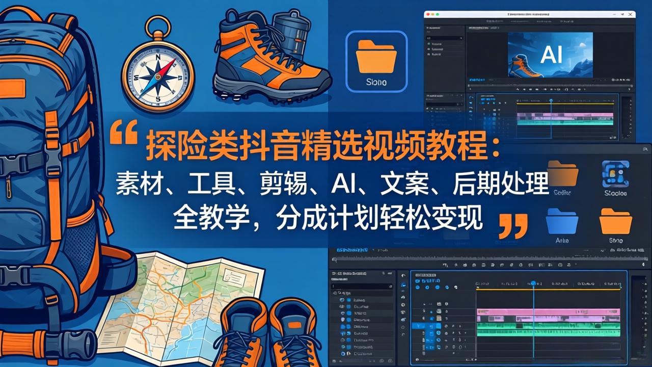 探险类抖音精选视频教程：素材、工具、剪辑、AI、文案、后期处理全教学，分成计划轻松变现-创学资源站