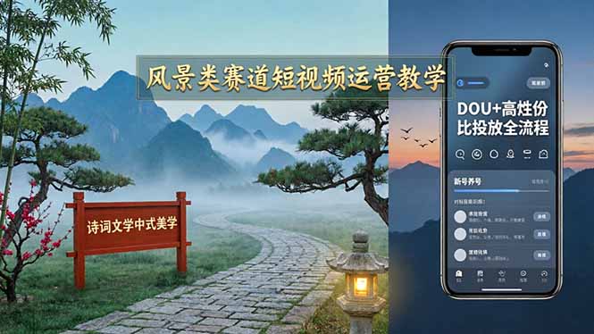 风景类赛道短视频运营教学：诗词文学中式美学，新号养号对标账号定位，DOU+高性价比投放全流程-创学资源站