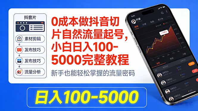 0成本做抖音切片自然流量起号，小白日入100-5000完整教程-创学资源站