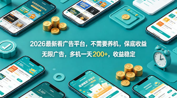 2026最新看广告平台，不需要养机，保底收益，无限广告，多机一天200+，收益稳定【揭秘】-创学资源站