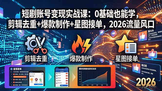 短剧账号变现实战课：0基础也能学，剪辑去重+爆款制作+星图接单，2026流量风口-创学资源站