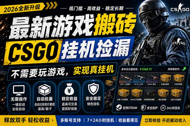 最新游戏搬砖，CSGO纯挂机，不需要玩游戏，实现真挂机，月入1W+，五一小高峰上车可吃肉，…-创学资源站