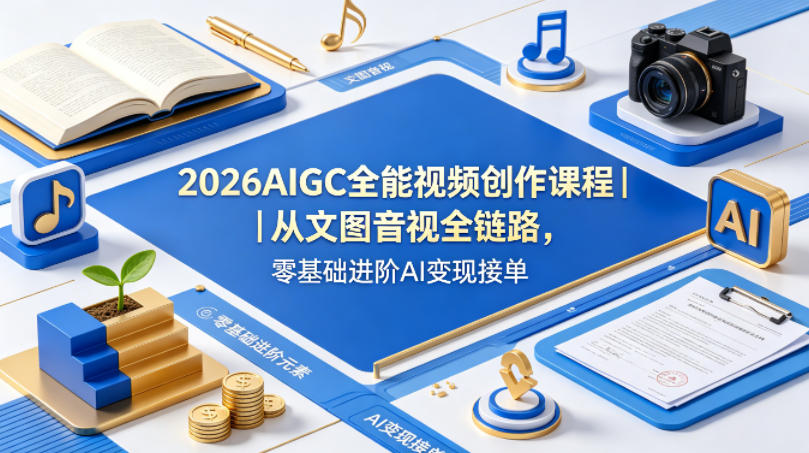 2026AIGC全能视频创作课程｜从文图音视全链路，零基础进阶AI变现接单-创学资源站