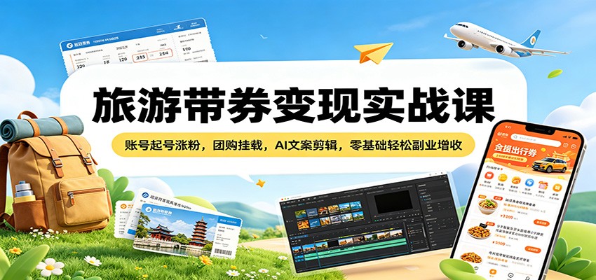 旅游带券变现实战课：账号起号涨粉，团购挂载，AI文案剪辑，零基础轻松副业增收-创学资源站