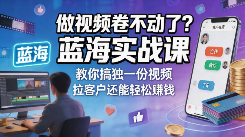 做视频卷不动了？蓝海实战课教你搞独一份视频，拉客户还能轻松賺钱！【原创双语字幕】-创学资源站