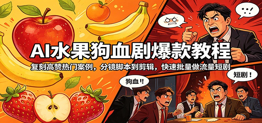 AI水果狗血剧爆款教程：复刻高赞热门案例，分镜脚本到剪辑，快速批量做流量短剧-创学资源站