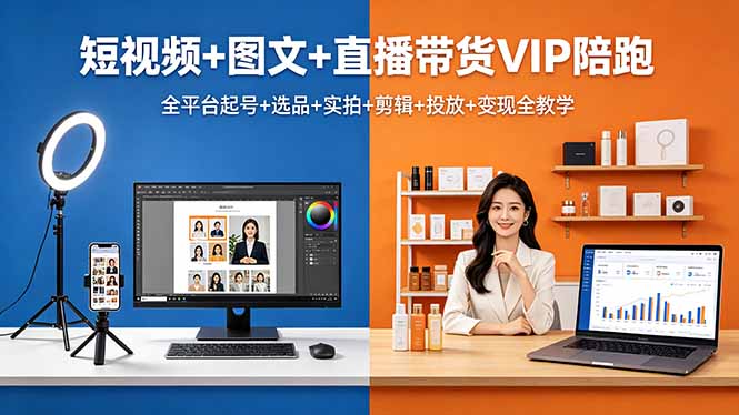 短视频+图文+直播带货VIP陪跑，全平台起号+选品+实拍+剪辑+投放+变现全教学-创学资源站
