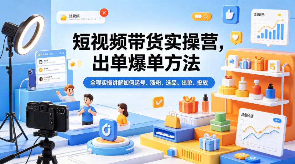 短视频带货实操营，出单爆单方法，全程实操讲解如何起号、涨粉、选品、出单、投放-创学资源站